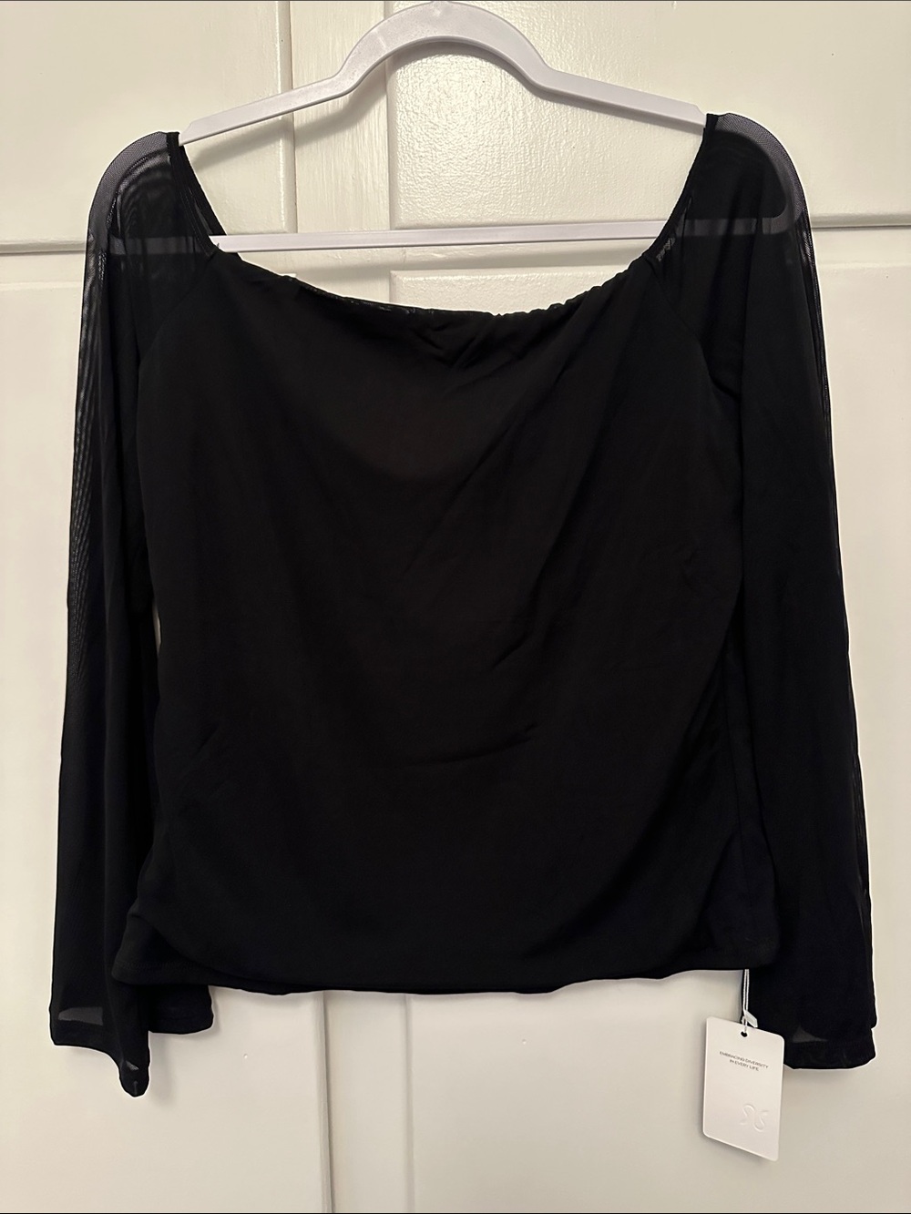 NWT Navy Reoria Off-Shoulder Long Sleeve Top Mesh Blouse